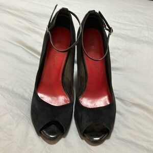 White House Black Market black suede animal print wedges